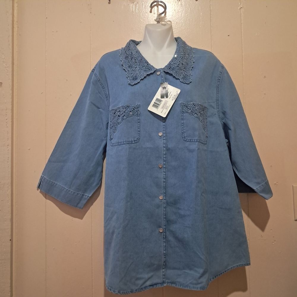 LAFEI NIER Blue  Embroide Collar Butto    Blause Women Size XL New